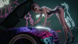 3d b8ty6ix car cyberpunk_2077 engine hood_up nissan no.86 orginal_character seducing seduction seductive seductive_body seductive_eyes seductive_look seductive_pose seductive_smile