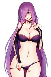 ass_visible_through_thighs blue_eyes blush bra choker detached_sleeves dirtykuro female foxykuro hair_over_one_eye kuro_(foxykuro) long_hair looking_at_viewer navel original panties panty_pull purple_hair simple_background skull solo sweat tattoo tongue tongue_out underwear very_long_hair white_background