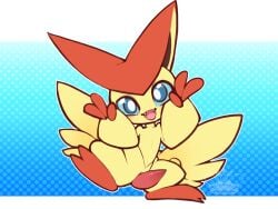 2018 2_toes 3_fingers big_ears blue_eyes blue_sclera butt_wings cute_fangs fangs feet fingers fur furry gay gay_male generation_5_pokemon genitals gesture hand_gesture homosexual homosexual_male legendary_pokemon male mythical_pokemon nintendo open_mouth pattern_background penis pointy_ears pokemon pokemon_(species) prick_ears red_body red_fur simple_background solo solo_male tapering_penis teeth toes tongue unusual_wing_placement v_sign victini whimsydreams wings yellow_body yellow_fur