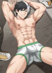 1boy abs armpits arms_up ass_visible_through_thighs balls_under_clothes beaten beefy biceps big_areola big_bulge black_hair boxers_(clothing) breasts bulge bulge_through_clothing bullied clenched_teeth eight_pack eyelashes flaccid gay genital_outline grey_eyes hands_behind_head heterochromia hi_res high-angle_view humiliation legs_apart light_skin looking_at_viewer lying lying_on_back male male/male male_breasts male_only manly mature_male moobs multicolored_hair muscles muscular muscular_arms muscular_legs muscular_male muscular_thighs navel no_body_hair offscreen_character pecs quadriceps renayumearts sakura_haruka six_pack sneakers street stripped_naked tight_clothing topless tough_guy triceps two-tone_hair white_hair wince windbreaker winner_fucks_loser yaoi yellow_eyes
