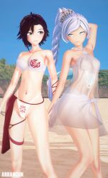2girls 3d arrancon beach bikini bikini_bottom bikini_top black_hair black_hair_female cleavage female holding_hands long_hair long_hair_female pose posing ruby_rose rwby scar_across_eye see-through_dress weiss_schnee white_hair white_hair_female