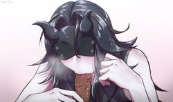 bare_shoulders black_hair blindfold breath fellatio female horns kantai_collection light_cruiser_hime long_hair mask nagi_lria oral pale_skin penis shinkaisei-kan solo_focus