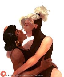 2girls begging-for-mercy dark-skinned_female female interracial kissing lifting light-skinned_female mercy muscle overwatch pharah tongue yuri