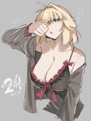 1girls absurdres arcueid_brunestud bare_shoulders black_dress blonde_hair breast_focus breasts cleavage collarbone dated dress female grey_background highres huge_breasts jonyeld large_breasts red_eyes short_hair simple_background solo top_heavy tsukihime