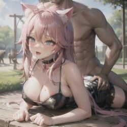 ai_generated animal_ears ass_grab big_breasts blue_eyes blush drooling fit_female from_behind hi_res hoshino_hikari long_hair lying_on_stomach male/female muscular_male necklace original_character overflowing_breasts pink_hair pleasure_face sex sweaty_breasts tagme thick_thighs thighhighs user_lovespike zoological_gardens