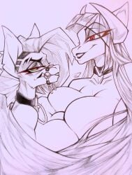 2girls angry angry_face anthro artist_name artist_signature bang bangs_over_eye big_breasts black_lips breasts breasts_bigger_than_head breasts_squeezed_together bridle choker collarbone equid_humanoid equine_ears feathered_wings female horns lips long_hair looking_at_partner looking_at_viewer mare muzzle my_little_pony oblivionfall pegasus pegasus_wings phalia pony shaved_side smirk smirking smirking_at_partner tied_together tlen_borowski tlen_borowski_(oc) traditional_media_(artwork)