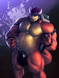 1boy 2017 anthro armlet beige_penis biceps big_biceps black_background bowser bracelet bulge claws clenched_teeth clothing cock_ring collar eyebrows front_view green_skin hair horn huge_tail jewelry koopa long_tail looking_at_viewer male male_only manly mario_(series) mature_male metokuron multicolored_skin musclegut muscular muscular_arms muscular_male nintendo orange_skin orange_tail pecs penis penis_outline pose purple_hair red_eyes reptile scalie shell simple_background smile snout solo spiked_armlet spiked_bracelet spiked_cock_ring spiked_collar spiked_shell spikes standing tail tan_skin teeth thick_tail thick_thighs thong turtle video_games white_claws white_horn