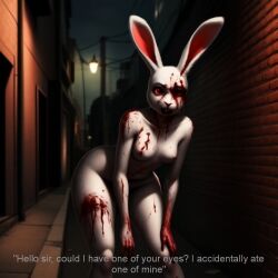 ai_generated bad_english big_hips blood_drip blood_on_face breasts english_dialogue english_text eyes female frosting.ai fur furry gore hips horror inclined looking_at_viewer madworld123 night nude nude_female poor_lighting r18g rabbit rabbit_ears rabbit_girl rabbit_humanoid sexy sexy_pose shadow small_breasts street talking_to_viewer text white_fur