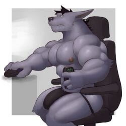 1:1 2024 anthro areola bara beverage beverage_can big_penis biped black_hair body_hair bulge chest_hair clothed clothing colored computer_mouse detailed_bulge fingers fleshformomo frown fur gaming_chair genital_outline genitals grey_background grey_body grey_eyes grey_fur hair half-erect hi_res holding_beverage holding_object humanoid_hands hyena jockstrap jockstrap_only male mammal momo_(fleshformomo) monster_energy muscular muscular_anthro muscular_arms muscular_legs muscular_male nipples pantsless_anthro pantsless_male pecs penis penis_outline short_hair side_view simple_background sitting solo topless topless_anthro topless_male underwear underwear_only yaoi