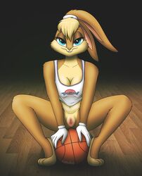 absurd_res anthro blonde_hair blue_eyes bottomless breasts buckteeth cleavage clothed clothing female fur hair hi_res lagomorph lola_bunny looking_at_viewer looney_tunes lumekat mammal pink_nose pussy pussy_juice rabbit smile solo space_jam teeth warner_brothers