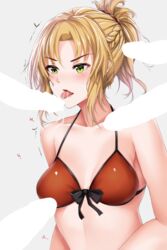 1girls bikini blonde_hair blush bow braid censored cum cumdrip fate/apocrypha fate/grand_order fate_(series) fellatio female front-tie_bikini front-tie_top green_eyes grey_background human licking long_hair mordred_(fate) mordred_(swimsuit_rider) multiple_penises oral penis ponytail red_bikini solo_focus swimsuit tears tongue tongue_out trembling upper_body yanochi