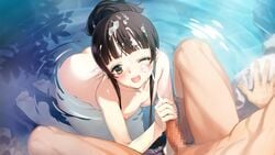 1boy bangs blunt_bangs blush blushing_at_viewer brown_hair censored cum cum_on_hair eiyuu_senki ejaculation facial_hair female game_cg handjob himiko_(eiyuu_senki) kneeling mosaic_censoring nipples nude one_eye_closed onsen ooyari_ashito open_mouth penis solo_focus wet yellow_eyes