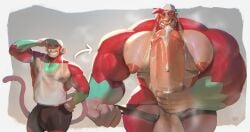 anthro armpit_hair autofellatio backwards_baseball_cap backwards_hat balls baseball_cap big_balls big_bulge big_penis blush bodily_fluids body_hair bottomwear bulge clothing cum cum_drip dripping excessive_cum excessive_genital_fluids facial_hair genital_fluids genitals goatee haplorhine hat headgear headwear hi_res himbofication holding_penis huge_balls huge_penis huzzhuz hyper hyper_balls hyper_genitalia hyper_penis leaking_cum long_tail looking_at_viewer male mammal masturbation monkey muscular muscular_arms muscular_male musk open_mouth oral oral_masturbation pecs penile penile_masturbation penis primate raised_arm sequence shirt shorts simple_background smile solo standing sweat tail tank_top teeth tipping_hat topwear torn_clothing transformation transformation_sequence
