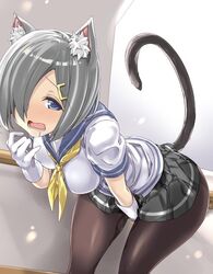 animal_ears blue_eyes blush breasts bulbonne cat_ears cat_tail drooling female gloves grey_skirt hair_ornament hair_over_one_eye hairclip hamakaze_(kantai_collection) hand_to_own_mouth indoors kantai_collection large_breasts leaning_forward open_mouth pantyhose peeing peeing_self pleated_skirt school_uniform serafuku short_hair short_sleeves silver_hair skirt solo striped striped_skirt suggestive_fluid tail white_gloves