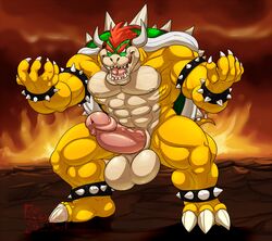 1boy 2017 3_toes 5_fingers anthro balls big_balls big_penis bowser drooling erection eyebrows fire full_body hair horn huge_cock humanoid_penis hungothenomster koopa male male_only mario_(series) multicolored_skin muscular nintendo open_mouth penis pink_penis red_eyes red_hair saliva scalie sharp_teeth shell smile solo spikes standing teeth testicles toes vein veiny_penis video_games white_skin yellow_skin