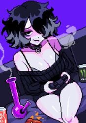 anime_girl big_breasts bong breasts controller drug_addict drug_use drugs female game_controller gaming goth goth_girl liz_(yumykon) looking_at_viewer messy_room oc original_character pixel_art playing_video_game playing_videogame smoking smoking_bong yumykon