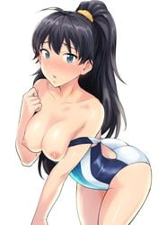 antenna_hair arched_back ass black_hair blue_eyes blush breasts competition_swimsuit female ganaha_hibiki highres idolmaster long_hair looking_at_viewer medium_breasts nipples off_shoulder one-piece_swimsuit open_mouth ponytail scrunchie simple_background solo swimsuit swimsuit_pull tsurui white_background