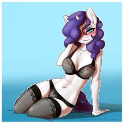 2017 absurdres anthro anthrofied big_breasts blue_eyes blush border bra breasts captainpudgemuffin cleavage equine eyebrows eyelashes eyeshadow female friendship_is_magic furry hair_over_one_eye highres horn lingerie long_hair looking_at_viewer makeup mammal my_little_pony pudgeruffian pussy rarity_(mlp) see-through solo straight_hair thighhighs translucent underwear unicorn white_border