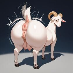 ai_generated big_ass crotchboobs female female_only feral goat horns quadruped shaking_butt solo teats twerking white_fur