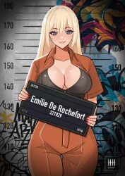 1girls big_breasts blonde_hair blue_eyes cleavage emilie_de_rochefort female female_only ihsnet jumpsuit mugshot photo prison_uniform prisoner solo solo_female solo_focus tall_female tekken tekken_8 thick_thighs tight_clothing very_tall_female wrong_eye_color