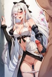 ai_generated drag-on_dragoon_3 drakengard_3 female flower flower_in_eye hand_on_penis handjob happy_female large_breasts male male/female masturbating masturbation pale-skinned_female panties panties_down prosthetic_arm pussy white_dress white_hair zero_(drag-on_dragoon) zero_(drakengard)