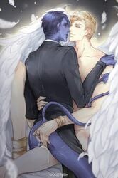 2boys angel ass blue_skin byllin clothed clothing cum cum_on_ass demon eye_contact feathers fingering gay humanoid invalid_tag kurt_wagner male male_only marvel nightcrawler partially_clothed warren_worthington wings x-men yaoi