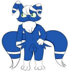 2_tails animal_genitalia anthro balls biped blue_body blue_fur fur generation_6_pokemon genitals green_sclera hi_res indigo_blue male meowstic multi_tail navel nintendo paws pokemon pokemon_(species) sheath solo tail