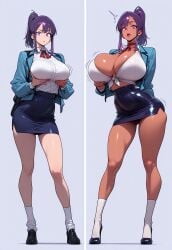 1girl ai_generated before_and_after bimbo bimbo_body bimbo_lips bimbofication bimbofied cleavage female_focus female_only grabbing_own_breast huge_breasts large_breasts pencil_skirt ponytail purple_eyes purple_hair school_uniform schoolgirl solo solo_leveling sung_jin-ah tanned transformation transformation_sequence white_shirt wide_hips