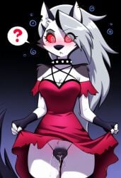 ai_generated anthro anthro_only canine_pussy cookie-girl ear_piercing excessive_pussy_juice eyebrow_piercing grey_fur helluva_boss hypnosis loona_(helluva_boss) mind_control question_mark questionable_consent red_dress red_eyes simple_background spiked_collar spiral_eyes tail upskirt upskirt_view vivienne_medrano white_fur white_hair wolf_ears wolf_girl wolf_humanoid wolf_tail