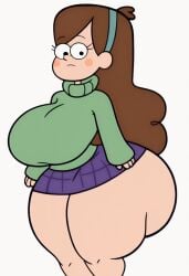 ai_generated blush bottom_heavy brown_hair gravity_falls hairband huge_ass huge_breasts mabel_pines skirt sweater thick_thighs white_background wide_hips