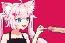 1boy ahoge animal_ear_fluff animal_ears bangs black_camisole blue_eyes blush camisole cat_ears censored female hair_ornament hairclip imminent_urethral_insertion imminent_urethral_penetration long_hair mosaic_censoring neko nekomata nekomimi open_mouth penis pink_background pink_hair pixel pixel_art pixelated red_background simple_background smile solo_focus spaghetti_strap straight twintails upper_body virtual_youtuber yumekomoore