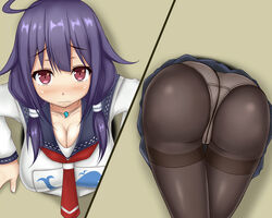 ass blush breasts clothed female kantai_collection panties pantyhose pubic_hair purple_hair red_eyes taigei_(kantai_collection) through_wall