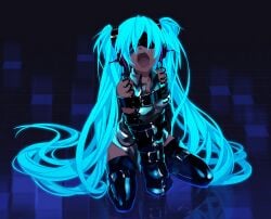 (g)old armbinder artist_request blindfold blindfolded blue_hair bondage frogtie hatsune_miku latex leather_straps legbinder long_hair monoglove old old_art open_mouth restrained tagme twintails vocaloid