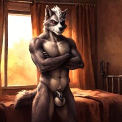 1male ai_generated annoyed annoyed_expression anthro arms_crossed balls bed bedroom belly biceps black_nose canid canine canine_nose canis chastity_cage chastity_cage_only chastity_device curtains curtains_open eye_patch eyewear fluffy fluffy_tail front_view frown fur furniture furrowed_brow furry genitals grey_body grey_fur grumpy hair half-length_portrait hi_res inside light looking_at_viewer male mammal metal_chastity_cage muscular muscular_male navel nude portrait red_eyes shaded solo standing star_fox stern_look sunlight traditional_media_(artwork) whisker_spots white_belly white_hair window wolf wolf_o'donnell