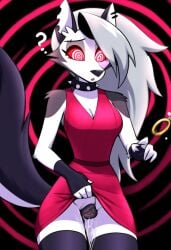 ai_generated anthro anthro_only canine_pussy cookie-girl ear_piercing excessive_pussy_juice eyebrow_piercing grey_fur helluva_boss hypnosis loona_(helluva_boss) mind_control question_mark questionable_consent red_dress red_eyes simple_background spiked_collar spiral_eyes tail upskirt upskirt_view vivienne_medrano white_fur white_hair wolf_ears wolf_girl wolf_humanoid wolf_tail