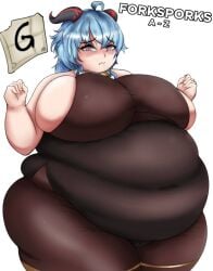 bbw fat_fetish fat_rolls forksporks ganyu_(genshin_impact) genshin_impact hoyoverse huge_belly love_handles mihoyo outgrowing_clothes ssbbw weight_gain