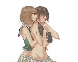 2girls bare_shoulders black_gloves blush breasts brown_hair choker choukai_(kantai_collection) from_side glasses gloves grabbing grabbing_from_behind grey_skirt groin hair_ornament hollomaru kantai_collection maya_(kantai_collection) medium_breasts multiple_girls navel open_clothes open_skirt semi-rimless_eyewear short_hair sideboob skirt sweat x_hair_ornament yuri