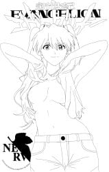 1girls armpits arms_up asuka_langley_sohryu big_breasts breasts busty convenient_censoring female female_only hair_censor hi_res large_breasts long_hair looking_at_viewer monochrome navel neon_genesis_evangelion sensual shorts sketch smile solo topless twintails voluptuous