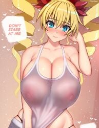 1girls arm_behind_head artist_name big_breasts blonde_hair blue_eyes blush breasts bursting_breasts busty claire_harvey cleavage covered_nipples drill_hair embarrassed english_text female female_only heart highres huge_breasts hundred ikkimay long_hair looking_at_viewer nipples pulling_own_clothes see-through_clothes sensual shirt shorts sleeveless sleeveless_shirt solo thong twin_drills voluptuous whale_tail