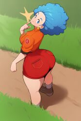 1girls afro ai_generated ass big_breasts blue_hair bottom_heavy bulma_briefs bulma_briefs_(androids'_saga) dragon_ball dragon_ball_z female from_above huge_breasts mature_female milf mullon novelai shorts thick_thighs top_heavy wide_hips