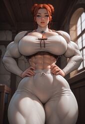 _buns abs ai_generated blue_eyes cleavage cleon_magic dominant_female hair huge_breasts karina_angsvelt looking_dow middriff muscles muscular_arms muscular_female muscular_thighs narrow_waist original_character red_hair thick_thighs wide_hips