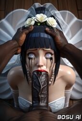 ai_generated big_penis bosu_ai crying dark-skinned_male deepthroat face_fucking forced_oral hair_flower hand_on_head holding_head huge_cock hyuuga_hinata interracial mascara naruto_(series) pearl_necklace red_lipstick rough_sex ruined_makeup tears wedding_dress