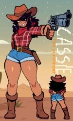 1girls aiming_at_viewer bandana black_hair character_request cowgirl monam original reference_sheet revolver shorts smug tagme tan_body