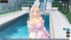 1girls bare_shoulders blonde_hair blonde_hair_female breasts clothed_female dress game_cg gigantic_breasts huge_breasts hyper_breasts kyonyuu_fantasy long_blonde_hair long_hair luceria_von_diamante massive_breasts necklace pool princess purple_eyes stairs suprised suprised_eyes tiara tree waffle