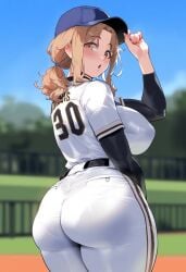 1girls ai_generated baseball_cap big_ass big_breasts brown_eyes brown_hair ichikawa_hinana idolmaster idolmaster_shiny_colors light-skinned_female short_hair tharkica