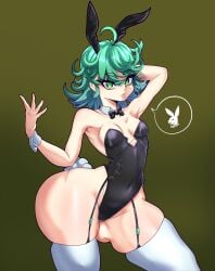 1girls black_bunnysuit breasts bunny_ears bunny_tail bunnysuit fake_animal_ears fake_tail female female_only garter_straps green_eyes green_hair hair hips legwear miyako.noh neckwear one-punch_man playboy_bunny_logo short_hair small_breasts solo solo_female speech_bubble tail tatsumaki thick_thighs thighhighs thighs white_thighhighs wide_hips