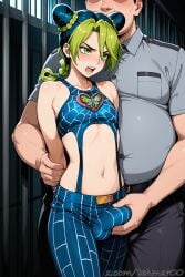 2boys ai_generated angry blush braid bulge cone_hair_bun double_bun erection erection_under_clothes fat_male femboy genderswap_(ftm) green_eyes green_hair green_lipstick hair_bun halter_top hand_on_crotch hands_behind_back imminent_rape jojo's_bizarre_adventure jolyne_kujo lipstick male midriff multicolored_hair navel open_mouth prison rule_63 single_braid stone_ocean tehmar trap two-tone_hair