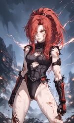 ai_generated battle_damage black_leotard crimson_hair female fighter fighting_stance gloves golden_eyes hair_over_one_eye legs leotard martial_artist original_character ponytail red_hair ripped_clothing torn_clothes yellow_eyes