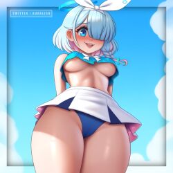 areola_slip arona_(blue_archive) blue_archive blue_eyes blue_hair blush blush_lines border breasts cameltoe cloud clouds female from_below halo hands_behind_back headband one_eye_covered oppai pantyshot pink_hair skirt skirt_lift skirt_up sky smile smile_at_viewer tongue twitter twitter_username two_tone_hair underboob upscaled username