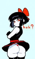 1boy binary_drawing black_clothing black_hair crossdressing dark_hair dat_ass dizzyspells femboy gloves looking_at_viewer looking_back monam question_mark red_eyes red_ribbon red_thong ribbon round_ass scythe_(dizzyspells) short_hair simple_background skirt skirt_lift tagme thick_thighs thighhighs thong thong_panties white_skin